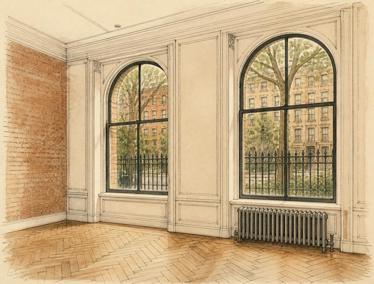 Gramercy prewar office interior — tall windows, moldings, high ceilings