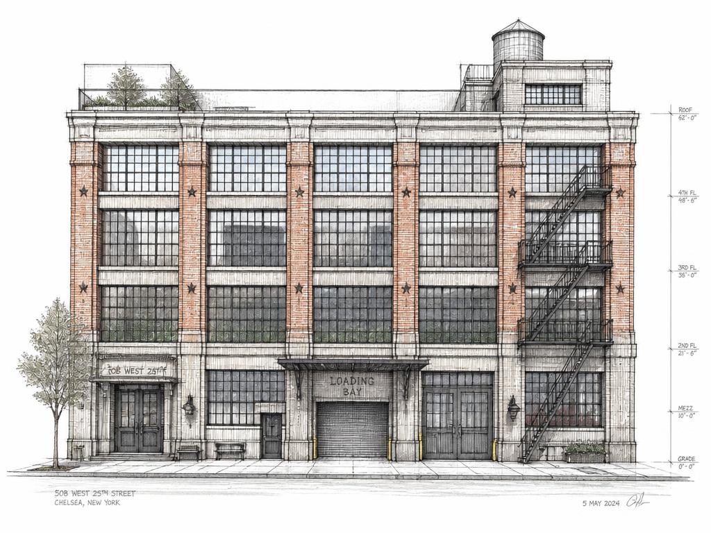 Ink sketch of a Chelsea loft building